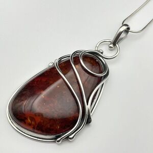 Sterling Silver Large Amber Pendant‎ Necklace Snake Chain Art Nouveau